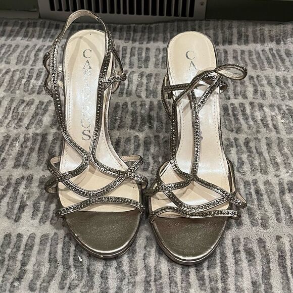 Caparros Stiletto Rhinestone Strappy High Heels Leather Silver Tone Size 9.5 B - Picture 1 of 10